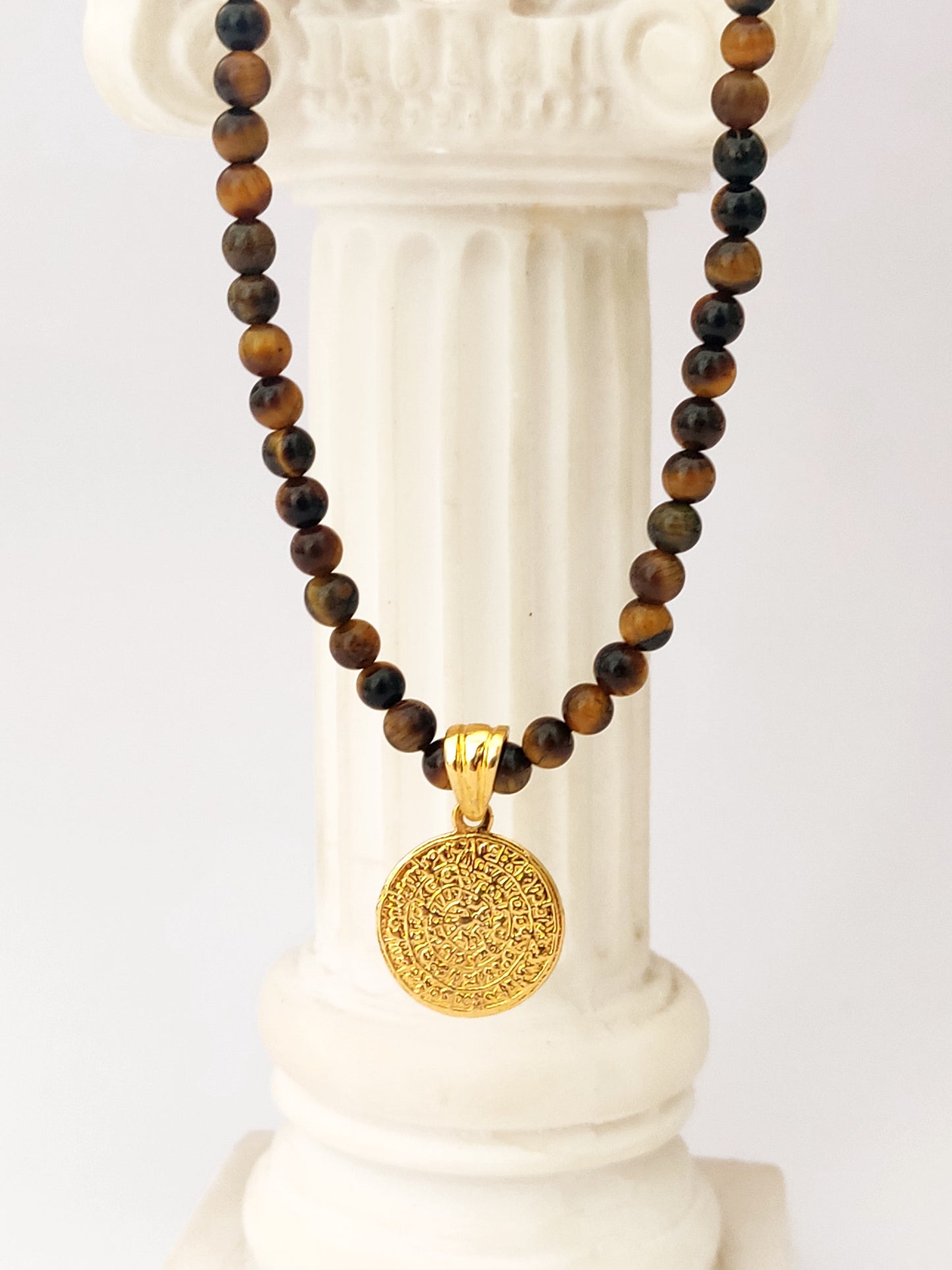 Sterling Silver 925 Greek Phaistos Disc Gold Plated Pendant 17mm | Tiger's Eye Stones Necklace