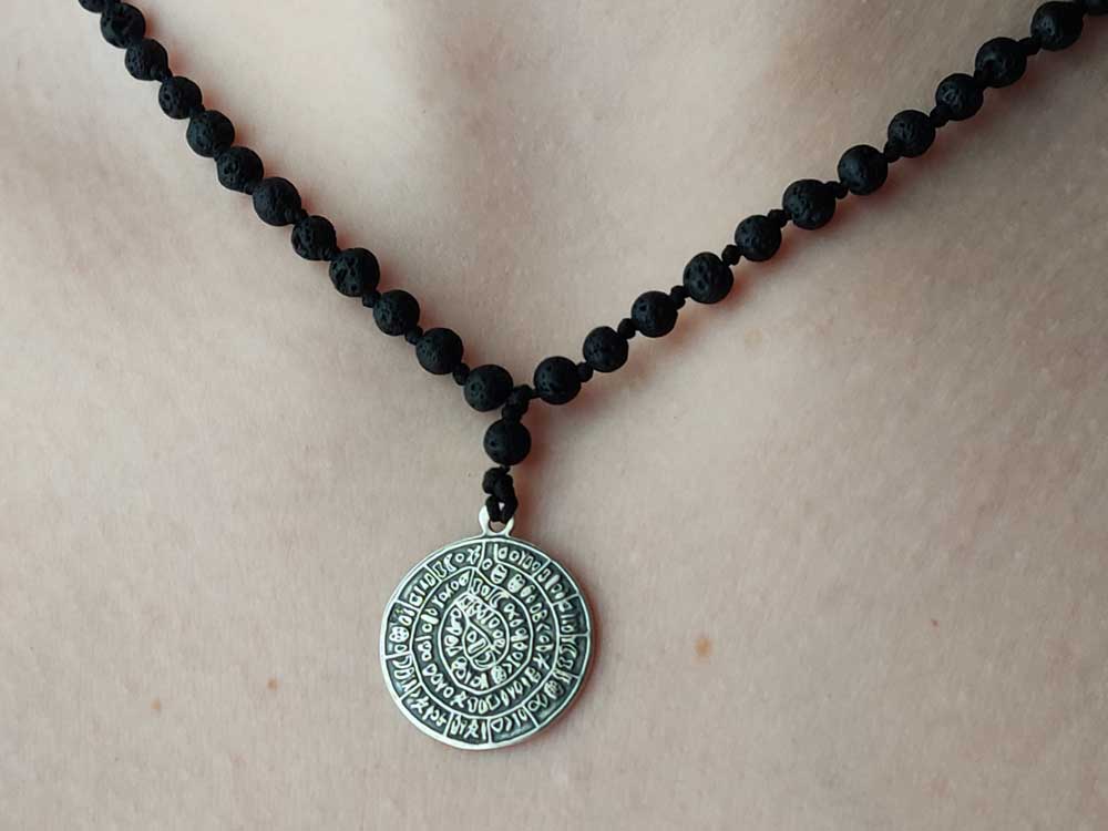 Phaistos Disc Silver 925 Pendant 20mm & Natural Lava Stones Necklace