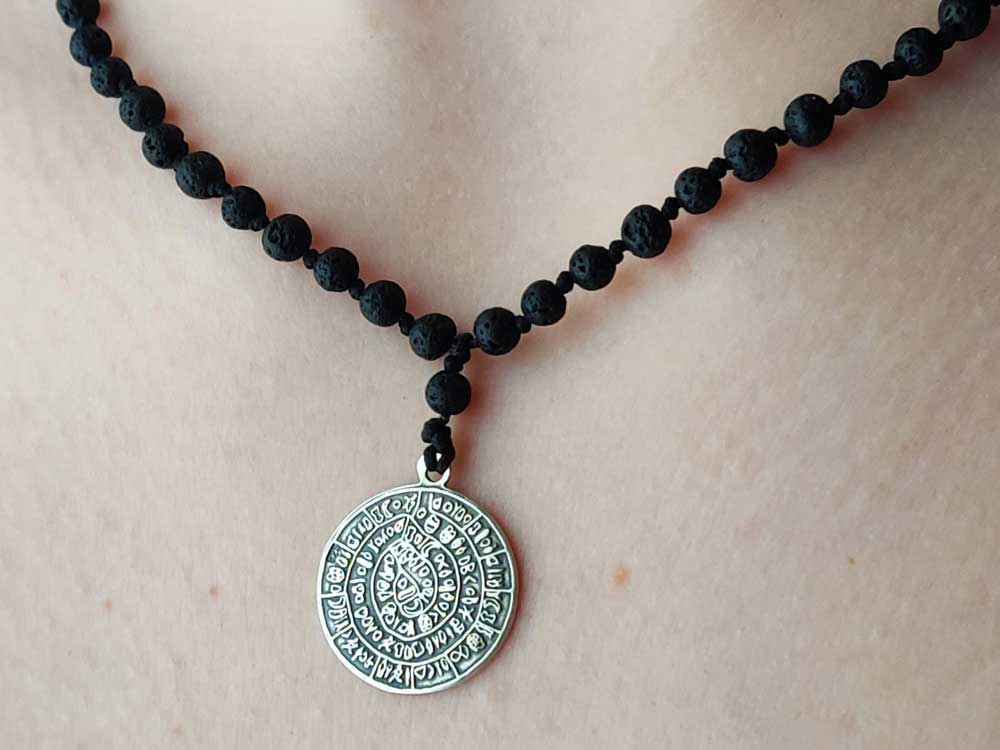 Phaistos Disc Silver 925 Pendant 20mm & Natural Lava Stones Necklace
