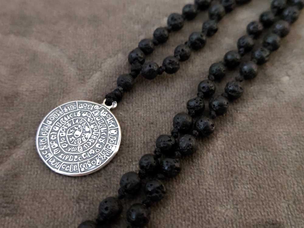 Phaistos Disc Silver 925 Pendant 20mm & Natural Lava Stones Necklace