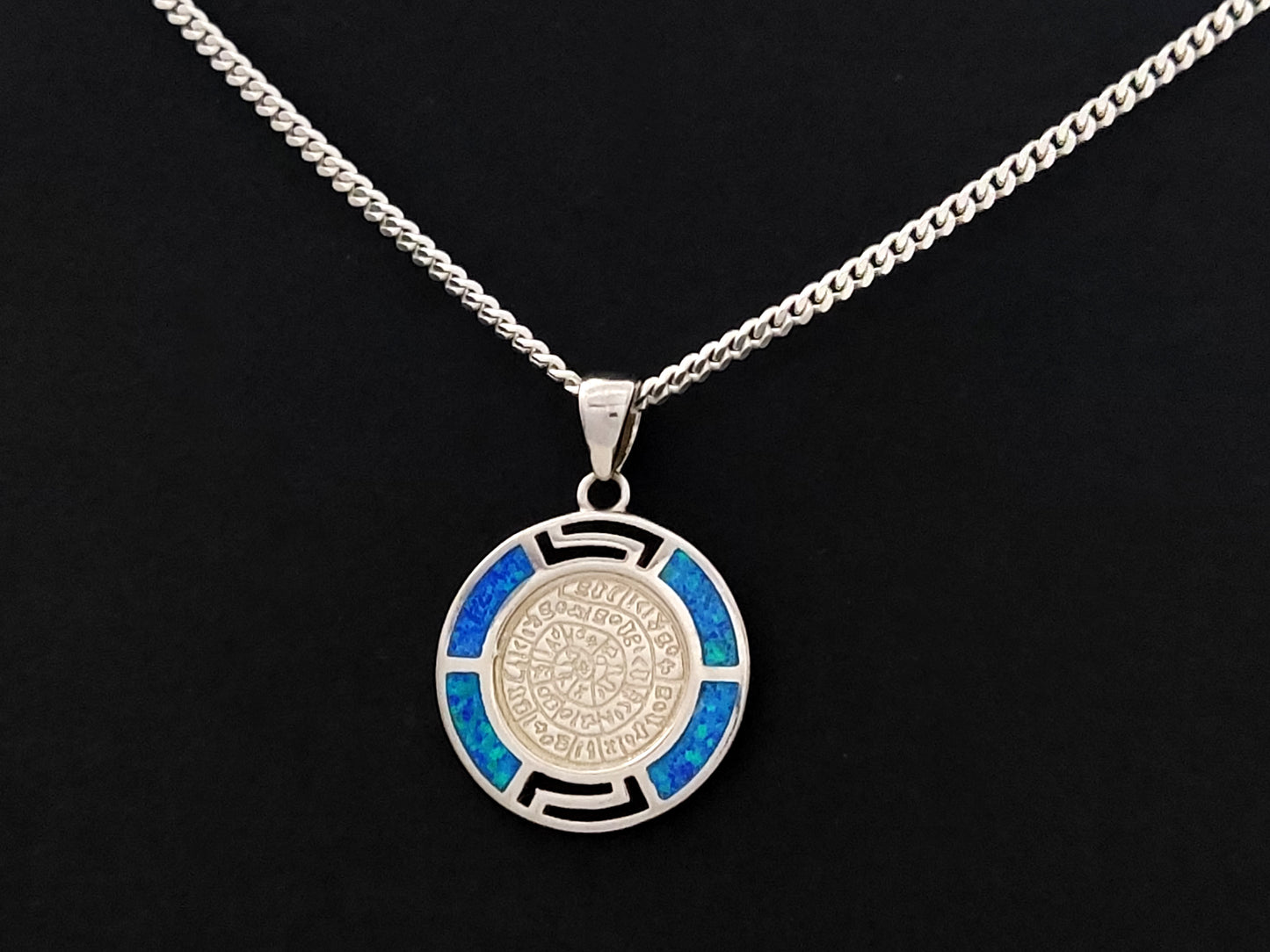 Phaistos-Scheibe, blauer Opal, griechischer Silber-Halskettenanhänger, 19 mm