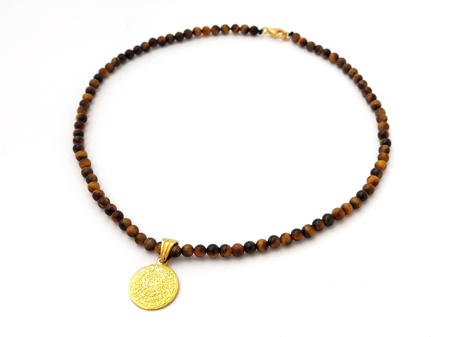 Sterling Silver 925 Greek Phaistos Disc Gold Plated Pendant 17mm | Tiger's Eye Stones Necklace