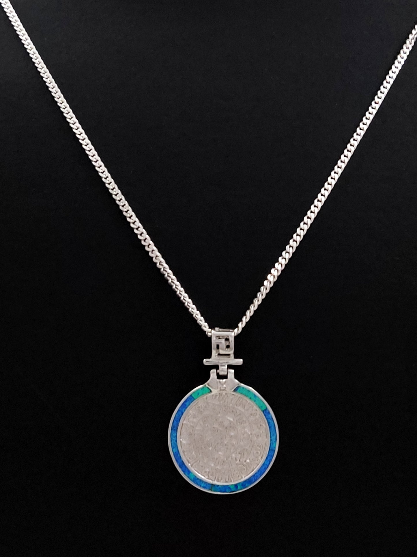 Phaistos Disc Blue Opal Greek Silver Necklace Pendant 22mm