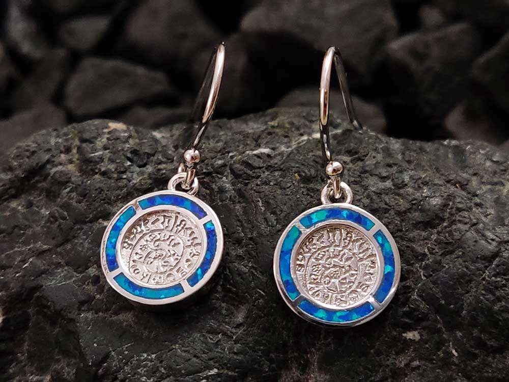 Phaistos Disc Blue Opal Silver Dangle Earrings 11mm