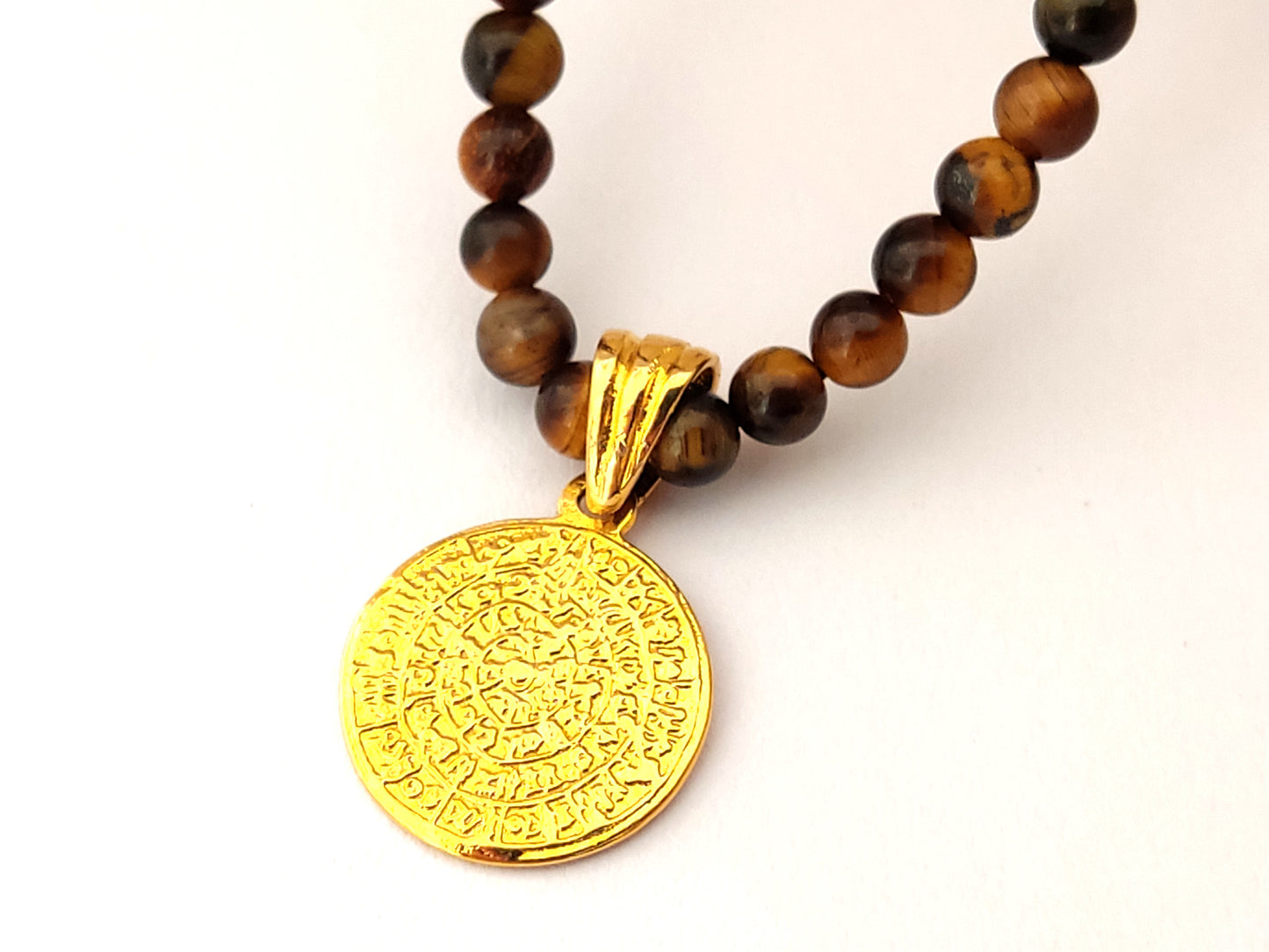 Sterling Silver 925 Greek Phaistos Disc Gold Plated Pendant 17mm | Tiger's Eye Stones Necklace