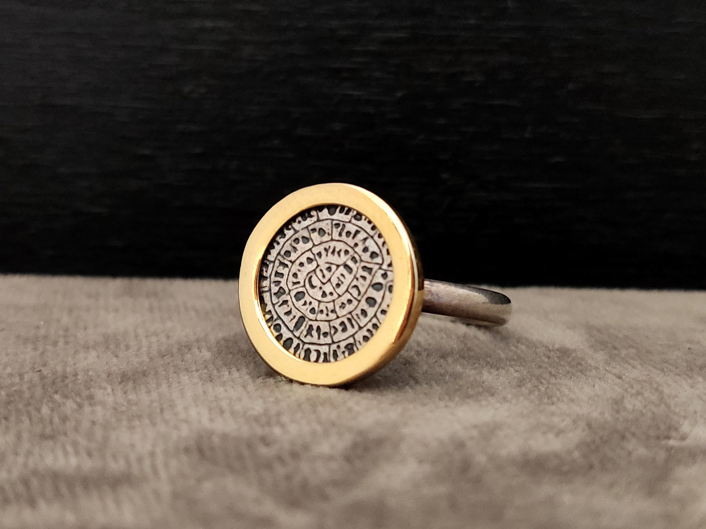 Phaistos Disc Greek Silver Gold Plated Ring 15mm