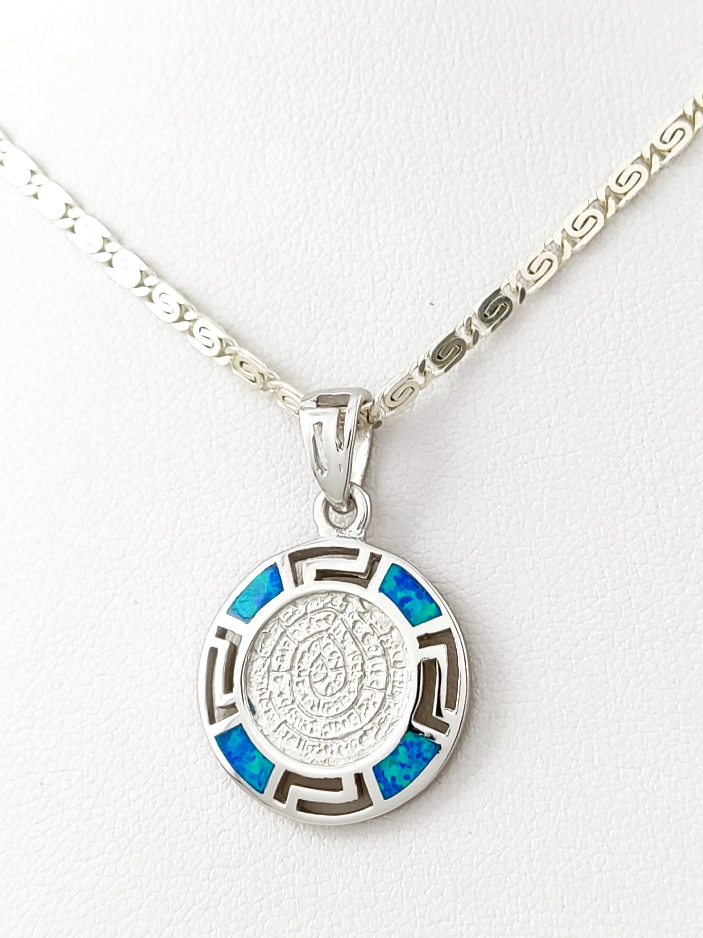 Phaistos Disc Blue Opal Silver Necklace