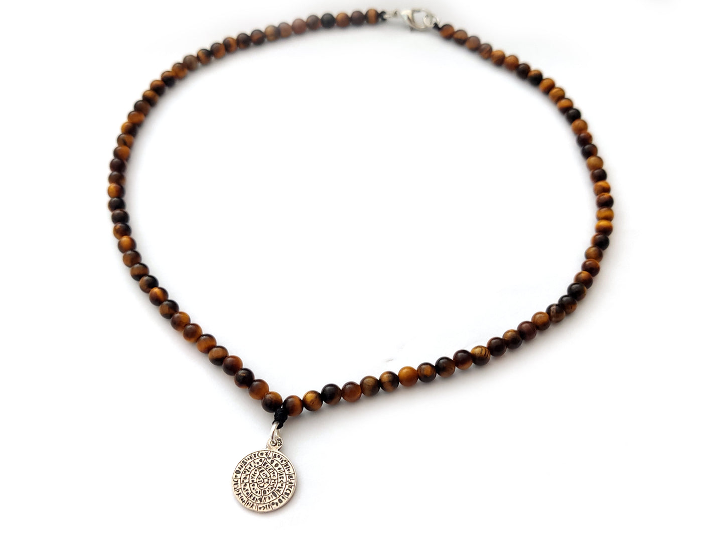 Collier de disque Phaistos | Pendentif en argent sterling 925 | Pierres naturelles oeil de tigre 4mm