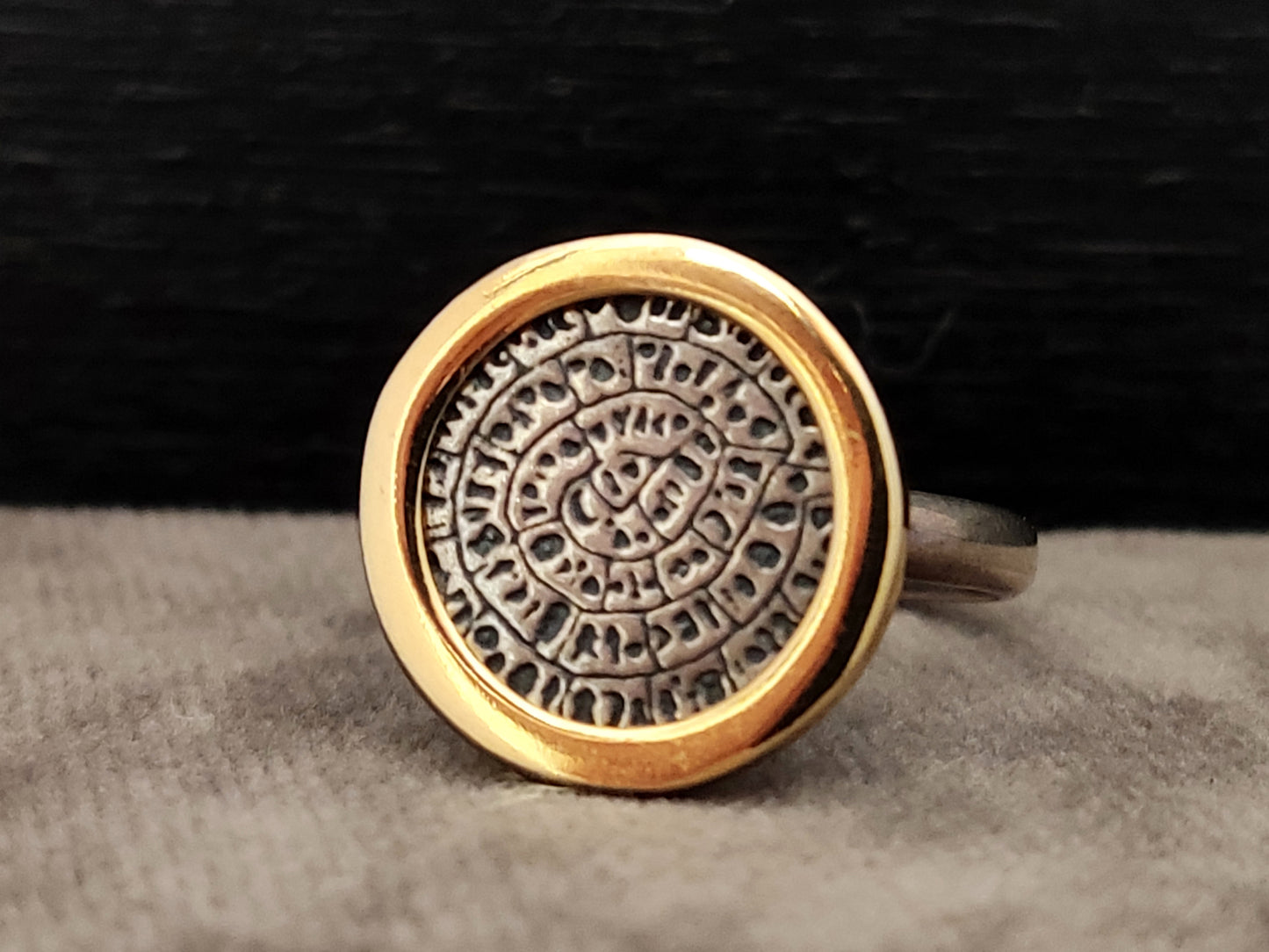 Phaistos Disc Greek Silver Gold Plated Ring 15mm