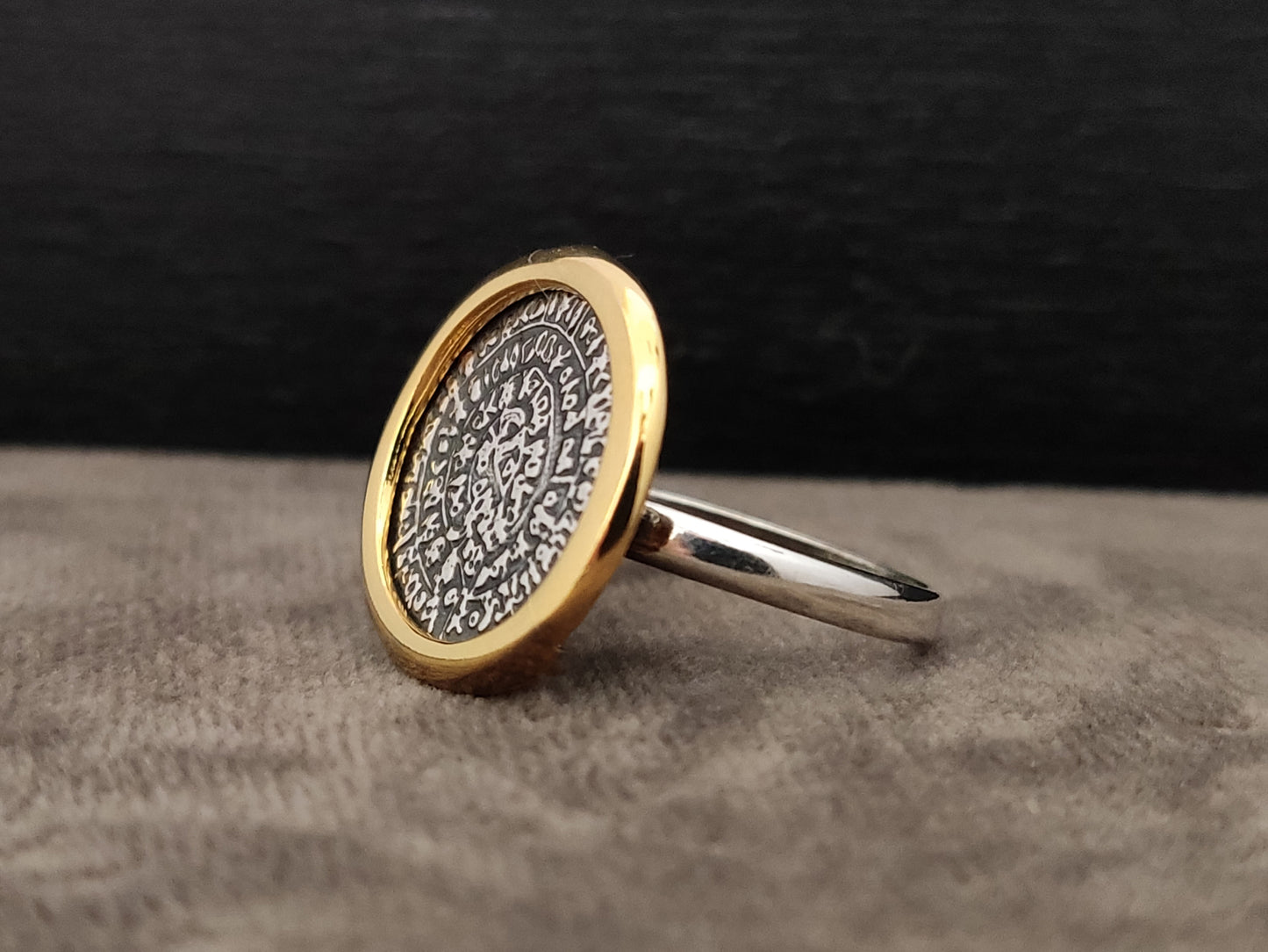 Phaistos Disc Greek Silver Gold Plated Ring 18mm