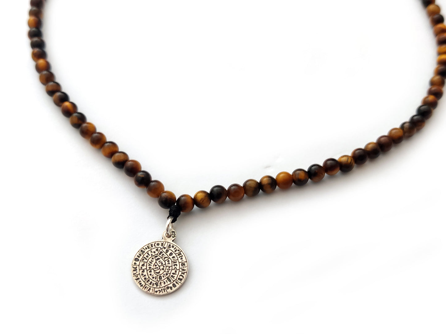 Collier de disque Phaistos | Pendentif en argent sterling 925 | Pierres naturelles oeil de tigre 4mm