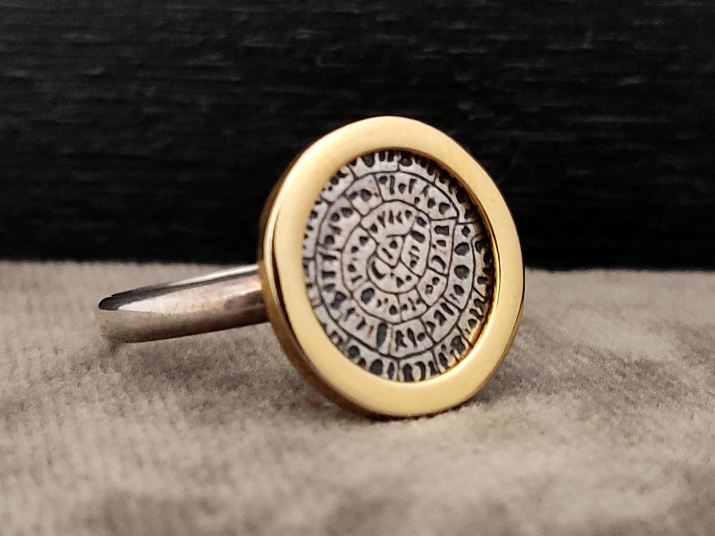 Phaistos Disc Greek Silver Gold Plated Ring 15mm
