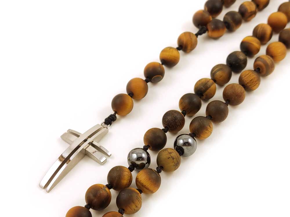 Greek Cross Necklace | Natural Matt Tiger Eye Stones 4mm | Stainless Steek Cross 20x32mm | Adjustable Length | Made In Greece