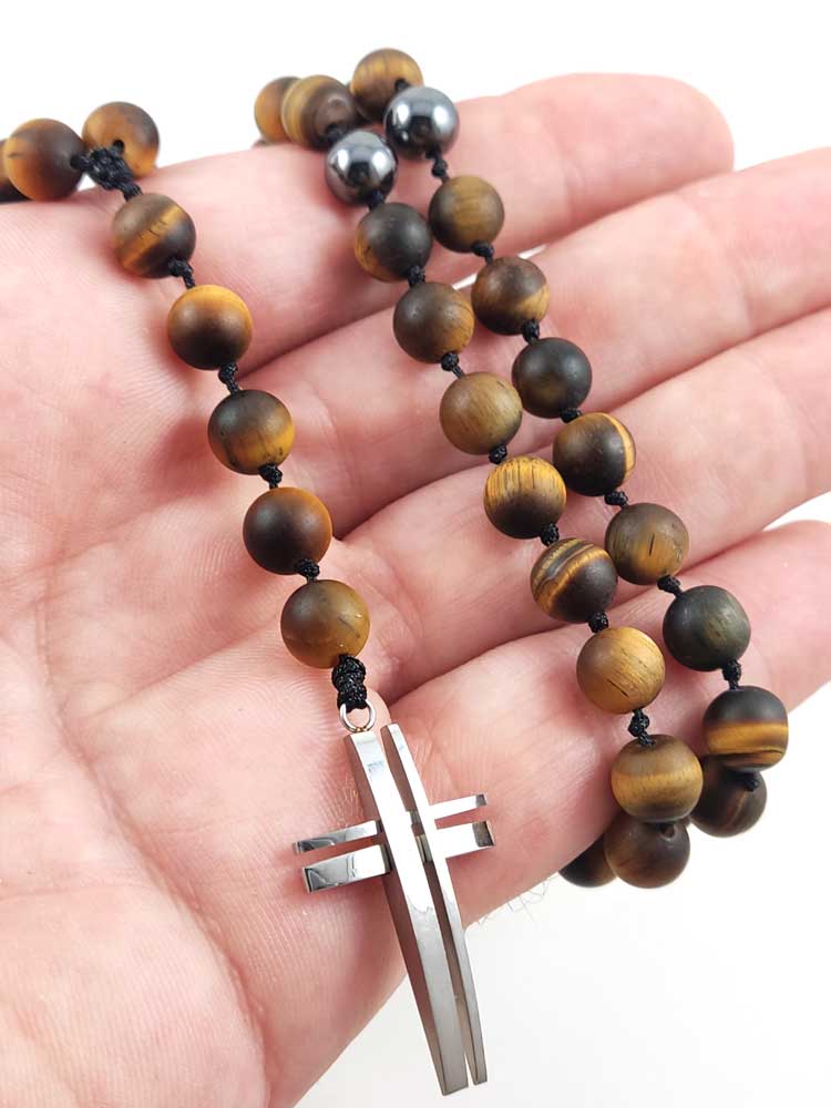 Greek Cross Necklace | Natural Matt Tiger Eye Stones 4mm | Stainless Steek Cross 20x32mm | Adjustable Length | Made In Greece