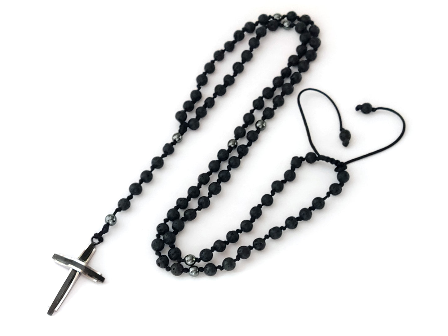 Handmade Rosary Necklace with Natural Black Lava and Hematite Stones | Stainless Steel Cross | Adjustable Length | Made in Greece