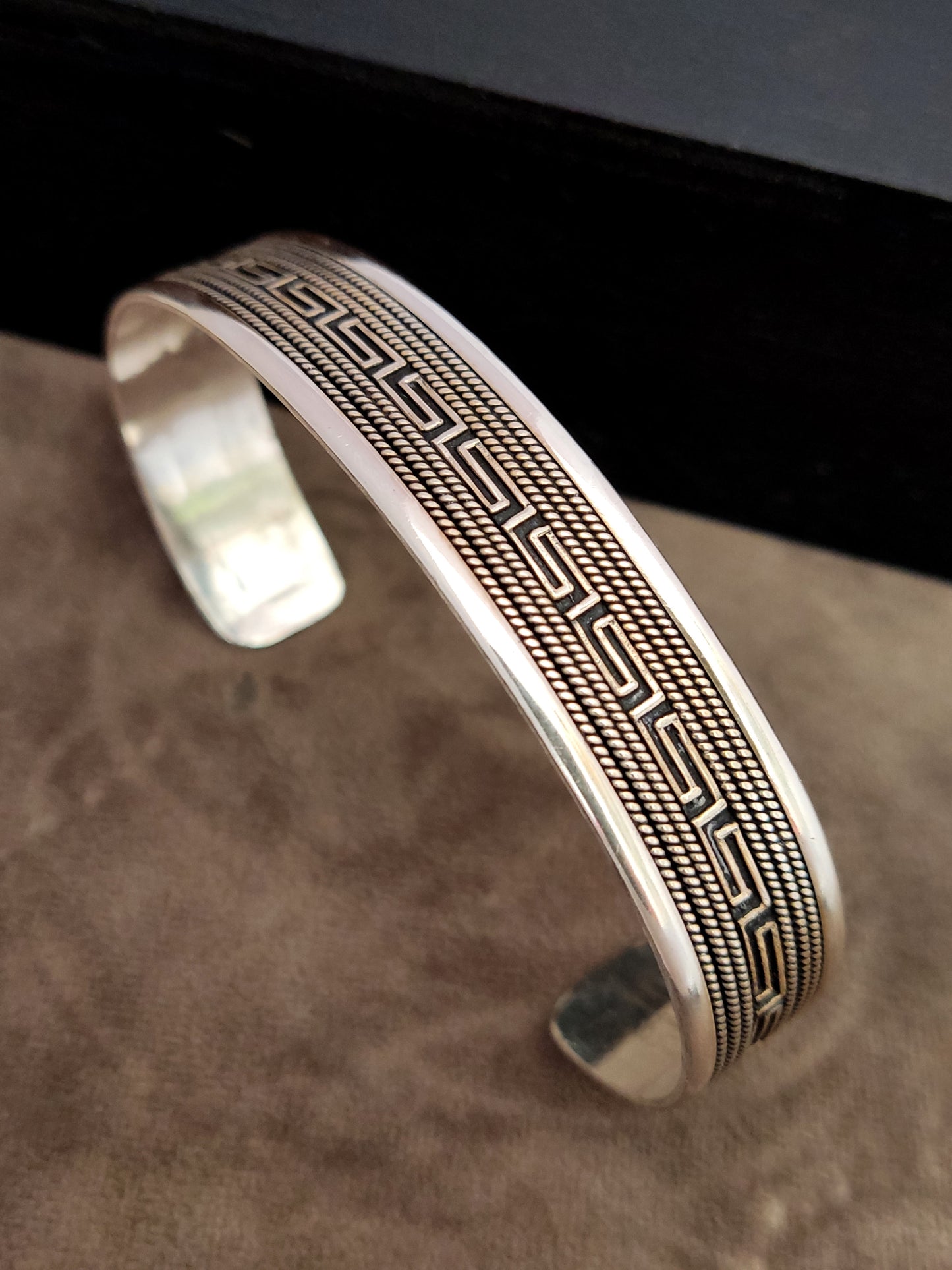 Greek Key Meander Silver 925 Unisex Men Women Cuff Bracelet