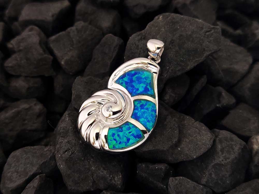 Blauer Opal Silber Auster Muschel Nautilus Anhänger 25x17mm