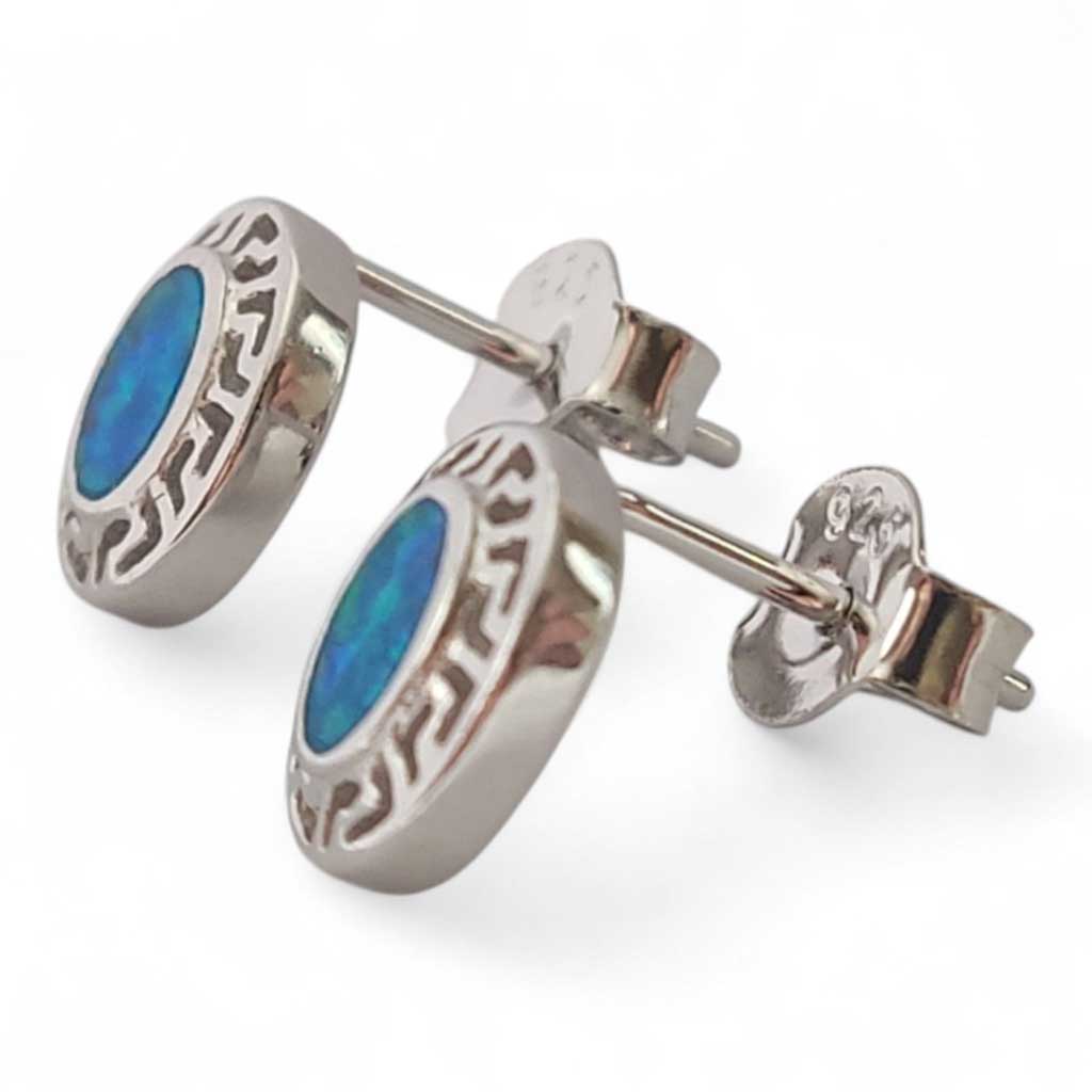 Greek Key Blue Opal Small Oval Silver Earrings 10x8mm