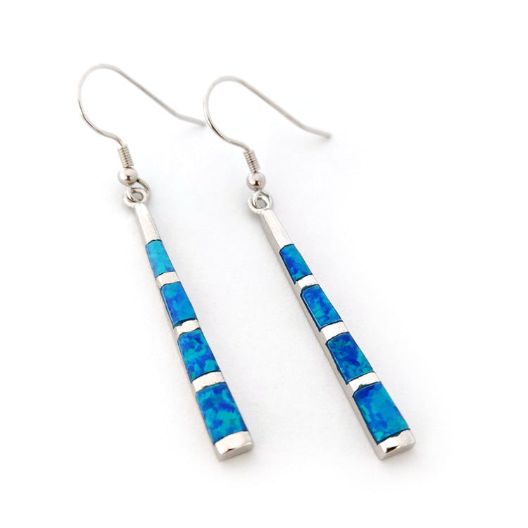 Sterling Silver 925 Blue Opal Stripes Dangle Earrings 37x4mm