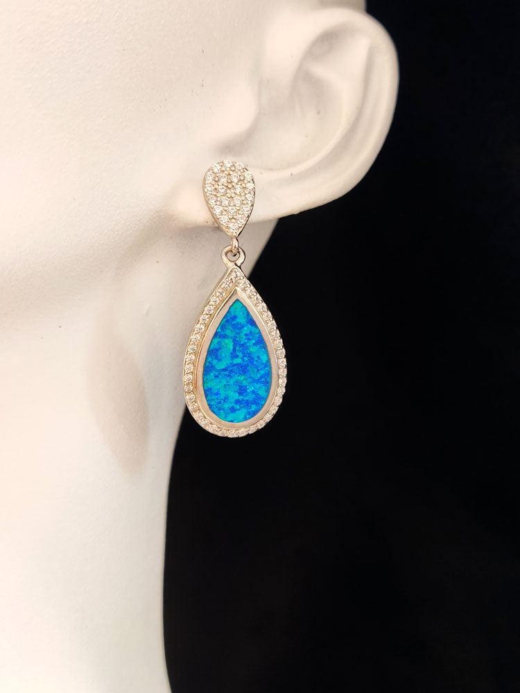 Sterling Silver 925 Blue Opal Zirconia Drop Shape Dangle Earrings 36x14mm