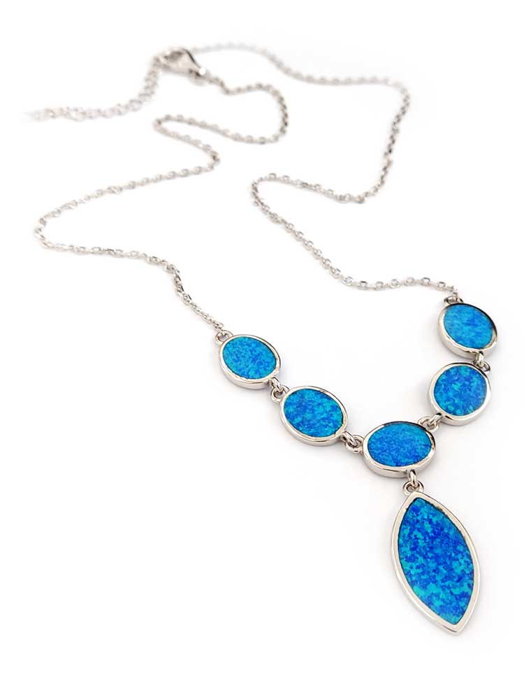 Handmade Greek chain necklace in 925 silver with opal center drop