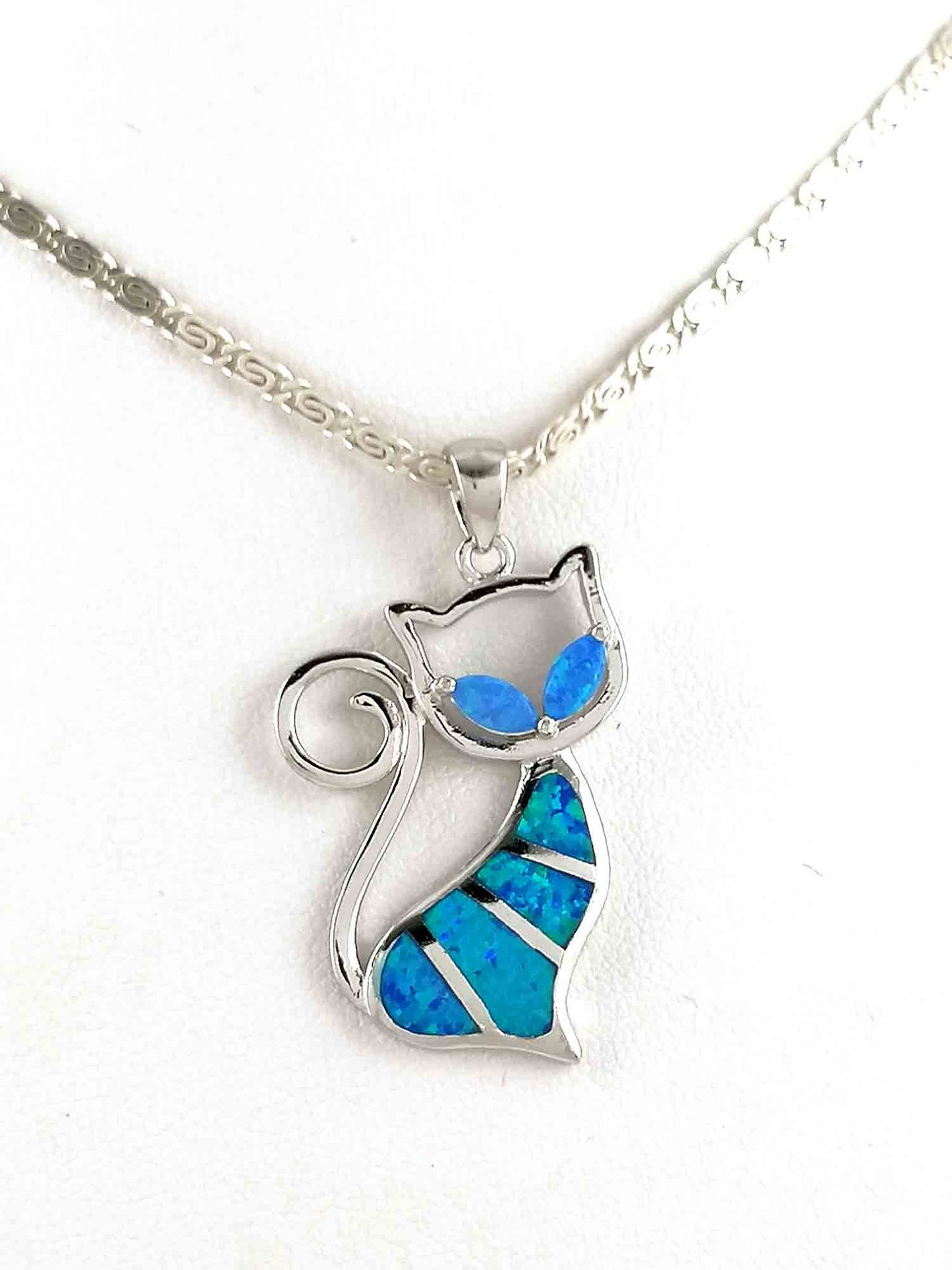 Blue Opal Silver Cat Pendant Necklace 30x20mm