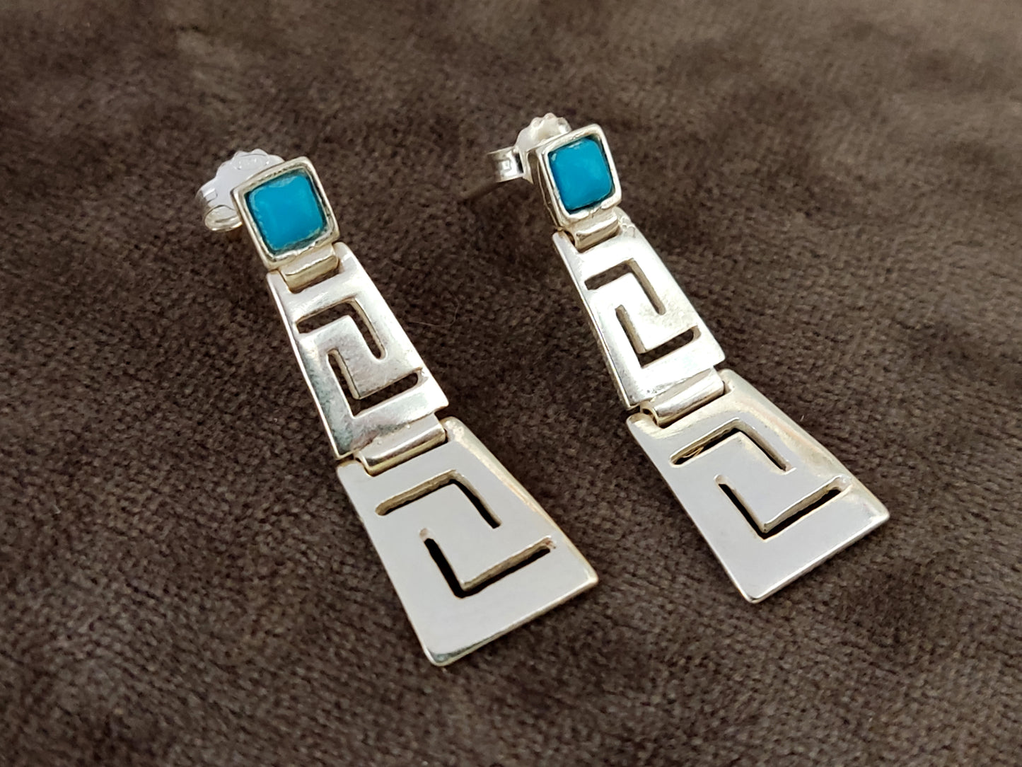 Greek Key Turquoise Gradual Silver Earrings