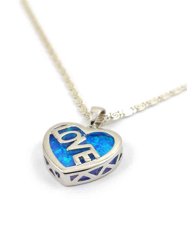 Silver Blue Opal Heart Love Necklace