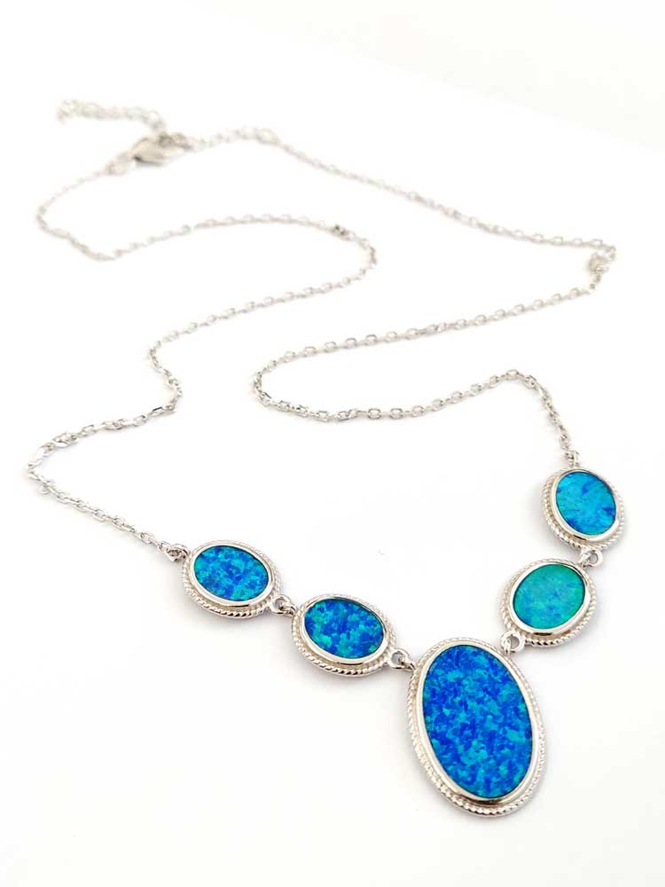 Sterling Silver 925 Blue Opal Oval Stones Chain Necklace