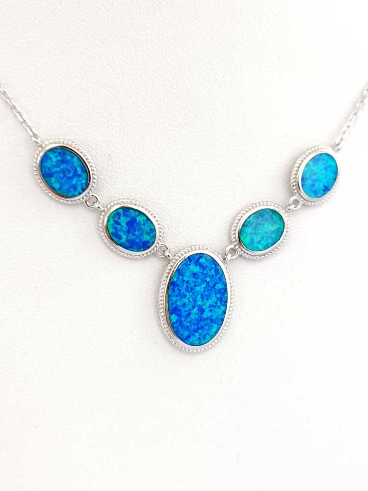 Sterling Silver 925 Blue Opal Oval Stones Chain Necklace