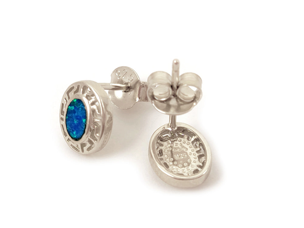 Boucles d'oreilles ovales en argent avec opale bleue grecque 10x8 mm