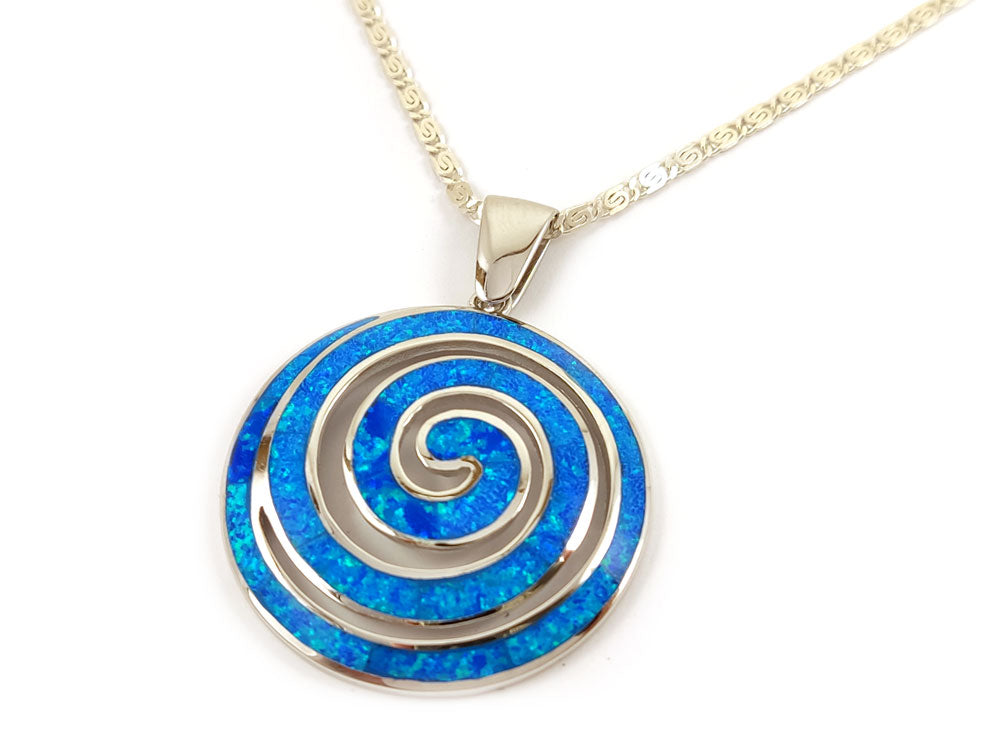 Collier avec pendentif en spirale grecque et opale bleue, 40 mm
