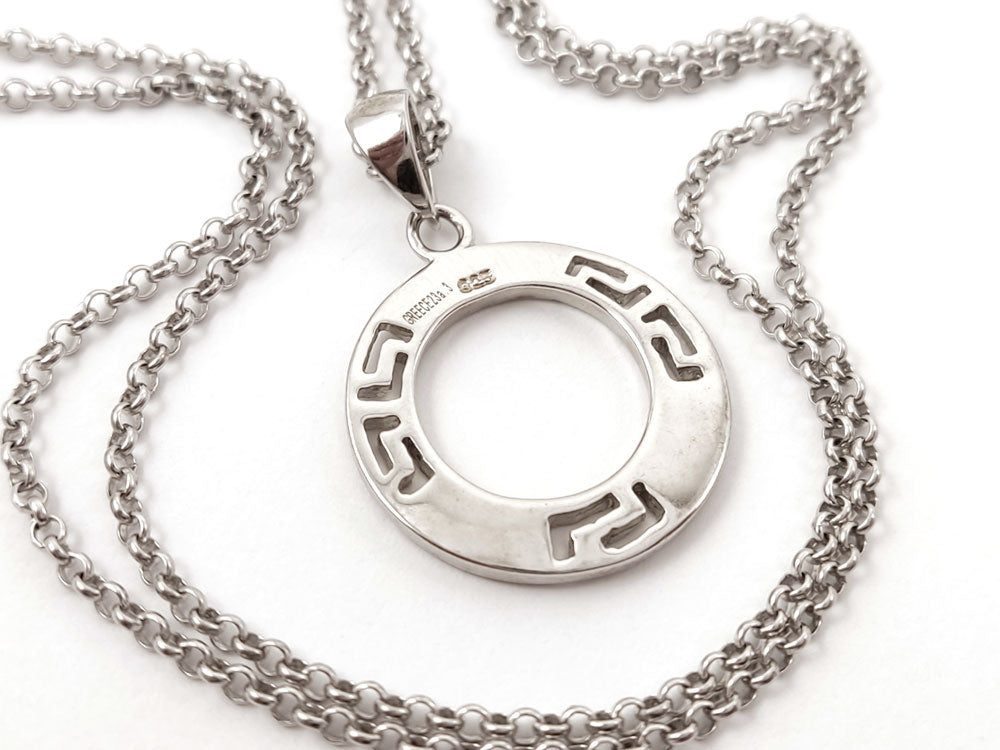 Handcrafted Sterling Silver 925 Blue Opal Pendant with Greek Key Design, 0.78-inch pendant, 2mm chain width.