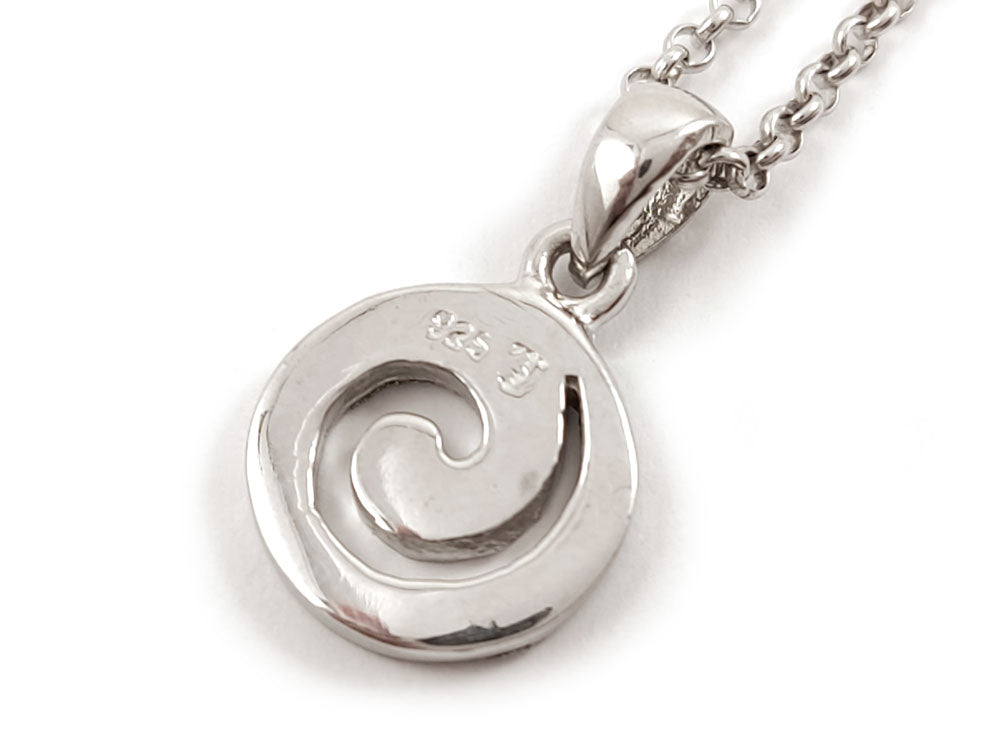 "Discover the elegance of this blue opal pendant in Sterling Silver 925, measuring 13 mm (0.50 inches) with a stylish Greek spiral design."