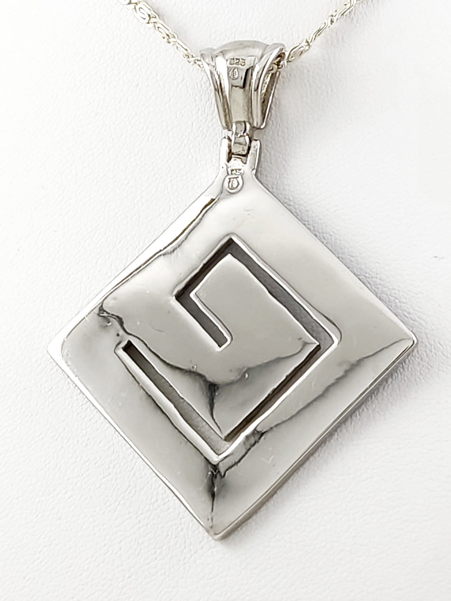Greek Key Blue Opal Big Square Silver Pendant Necklace