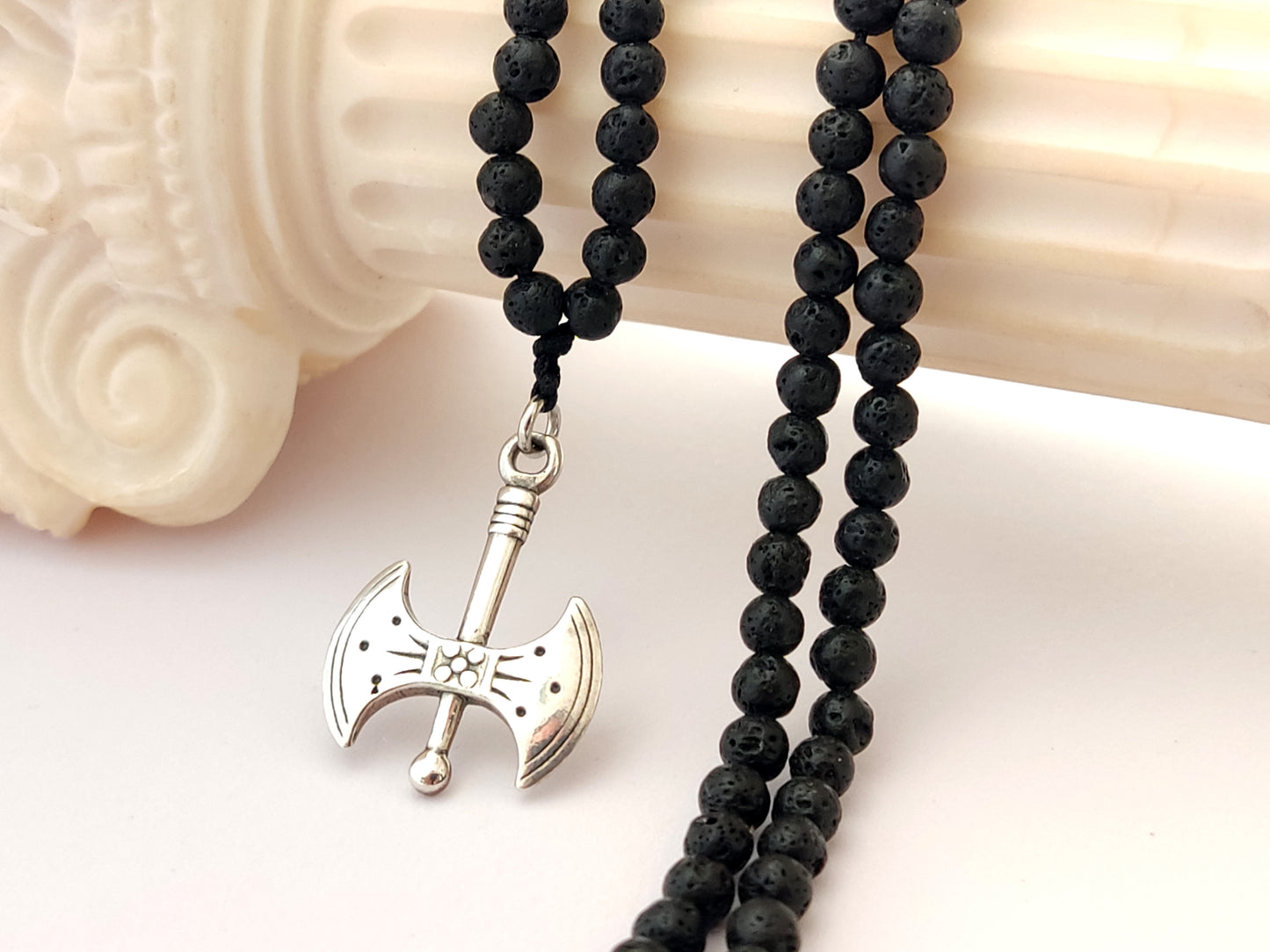 Greek Double Axe Labris Pendant Necklace | Sterling Silver 925 | Natural Lava Stones 4mm | Sirioti Jewelry