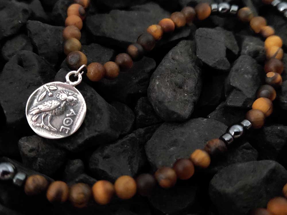 Handmade Greek Necklace With Natural Tiger Eye And Sterling Silver 925 Double Side Athena Owl Coin Pendant Necklace
