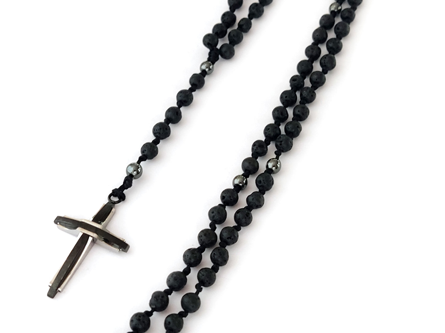 Handmade Rosary Necklace with Natural Black Lava and Hematite Stones | Stainless Steel Cross | Adjustable Length | Made in Greece