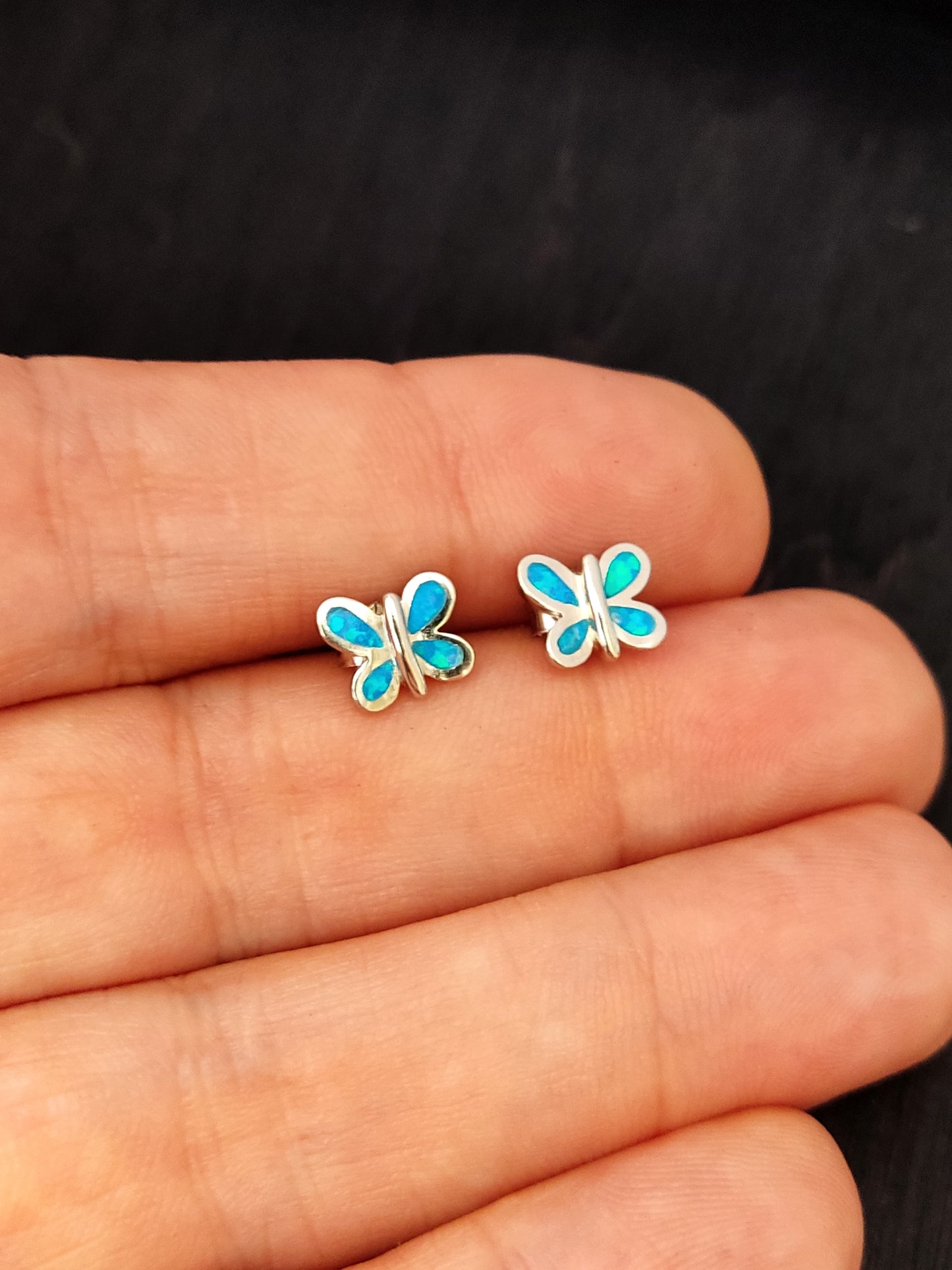 Butterfly Blue Opal Silver Earrings 9x7mm