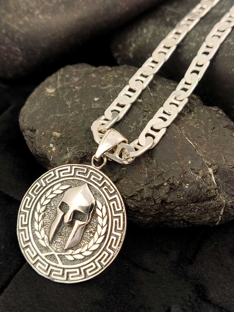 Unisex Sterling Silver Spartan Pendant – Made in Greece – The pendant shown worn on a chain, demonstrating its bold and versatile look.