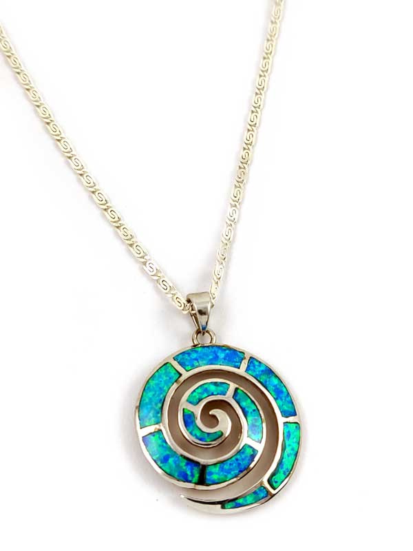 Greek Blue Opal Silver Pendant 26mm Necklace