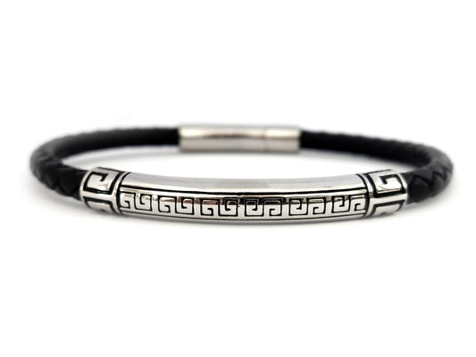 Stainless steel and genuine leather Greek Key bracelet