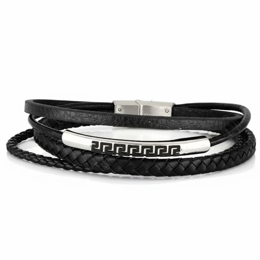 Silver black leather bracelet for men made in Greece