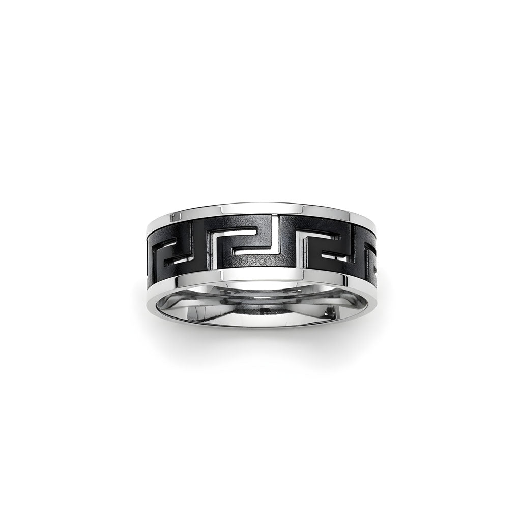 Close-up of Greek meander design on stainless steel ring