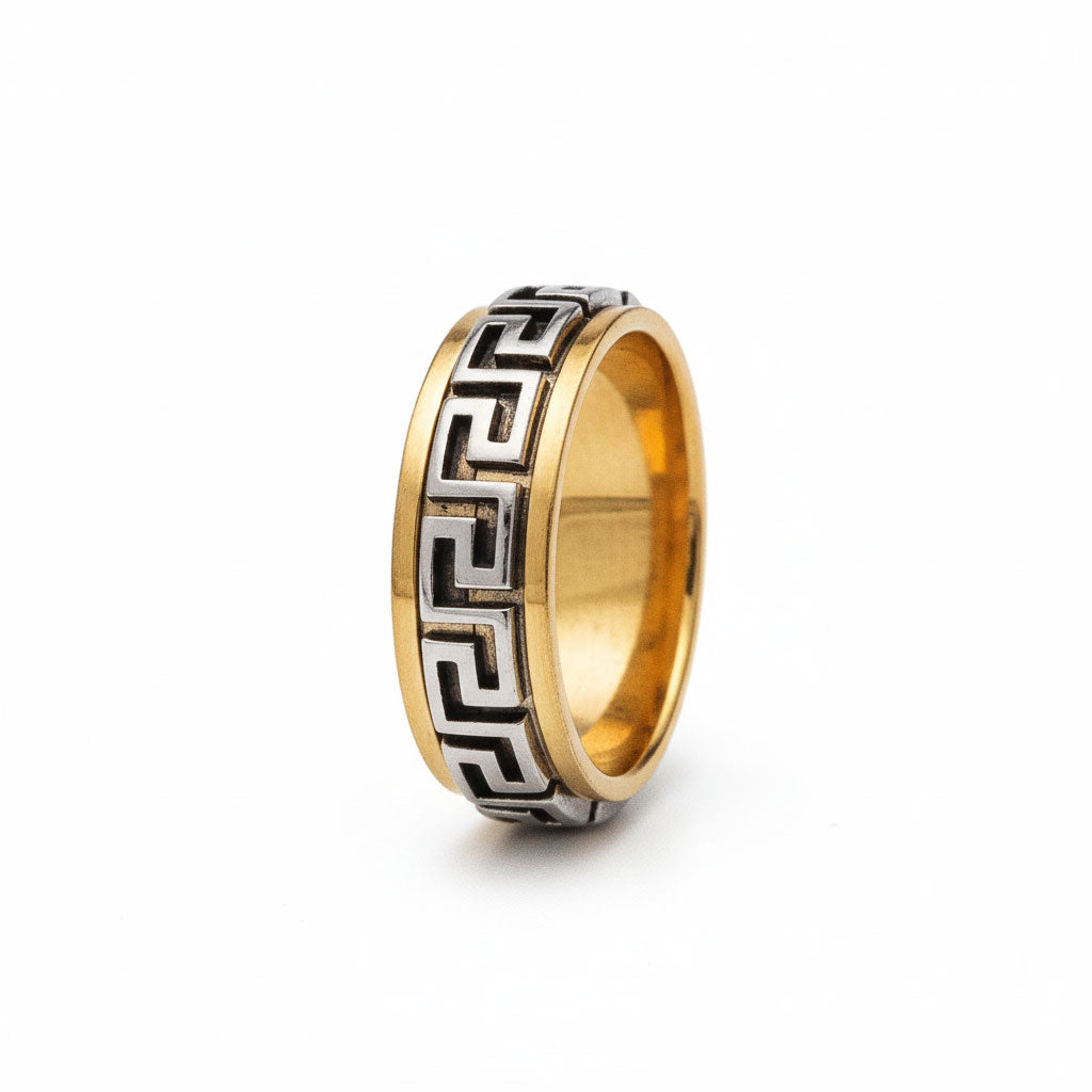 Stainless Steel Greek Key Spinning Ring - Gold Silver Color 7mm
