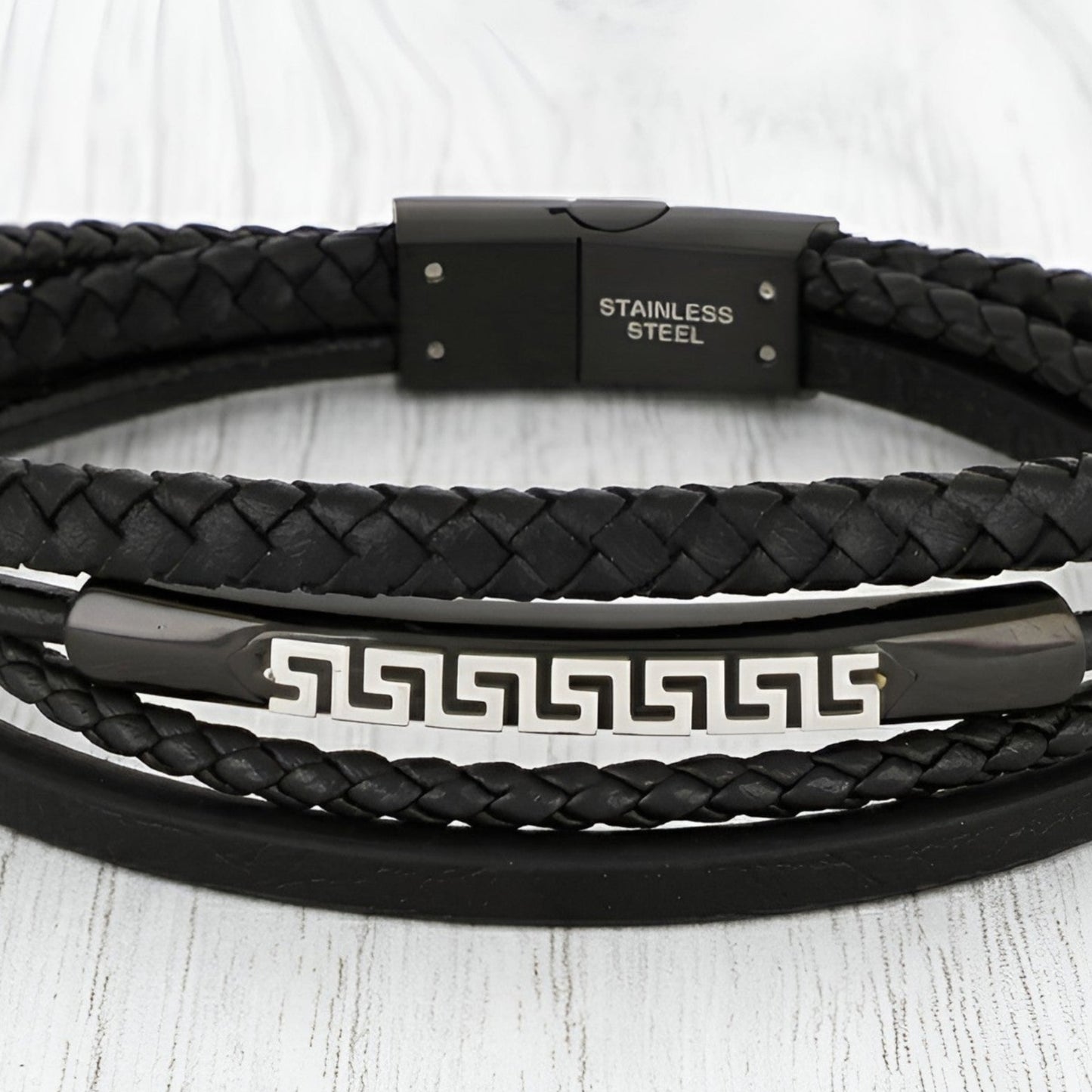 Greek Key bracelet made in Greece with real black leather