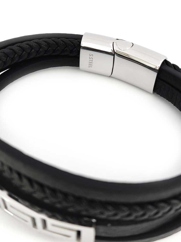 Unisex black leather and stainless steel bracelet – 21cm length, 25mm wide, bold Greek style
