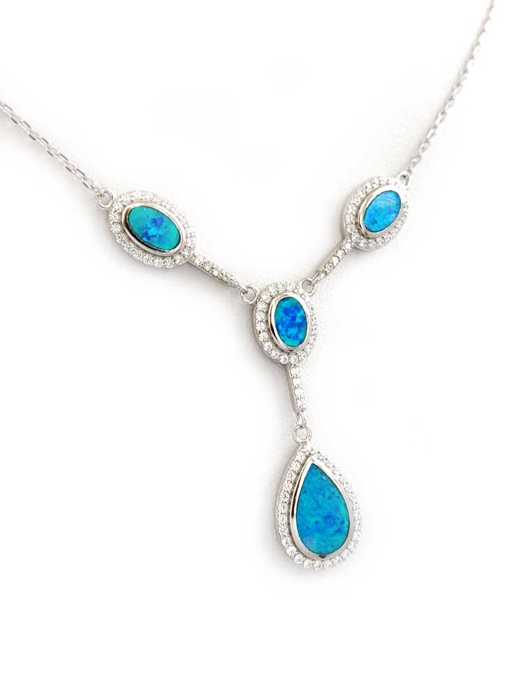 Sterling silver necklace with blue opal and white zirconia stones