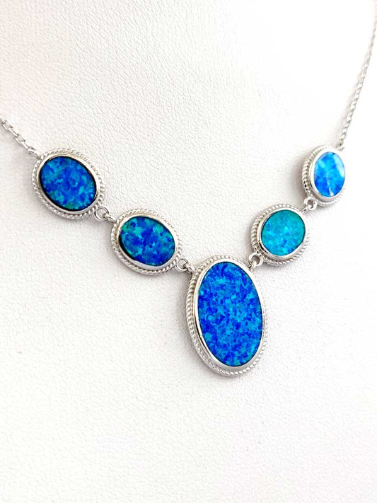 Sterling Silver 925 Blue Opal Oval Stones Chain Necklace