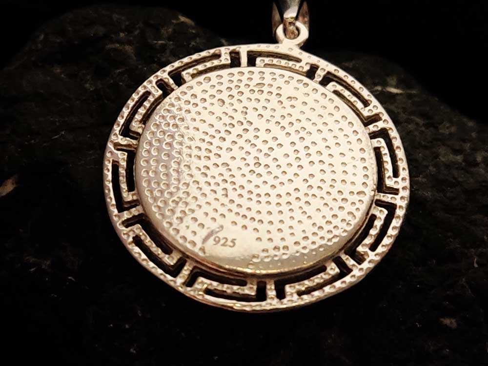 "Back view of Sterling Silver Greek Key pendant with Blue Opal, showcasing fine Greek craftsmanship."
